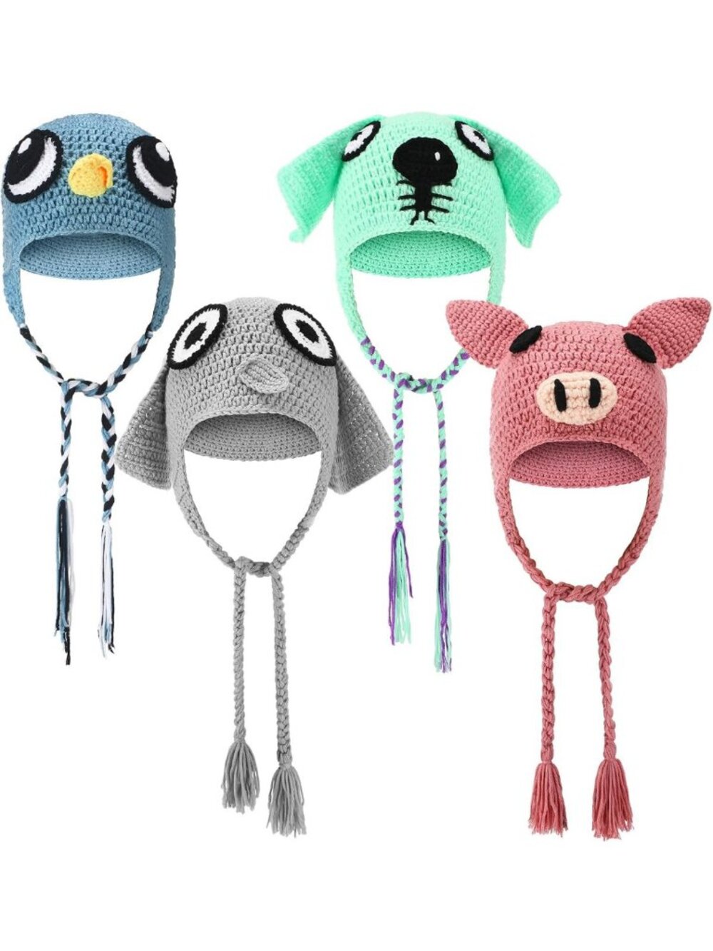 Adorable 4-Pc Halloween Animal Hats Set - Bird, Pig, Elephant & Bunny Costumes